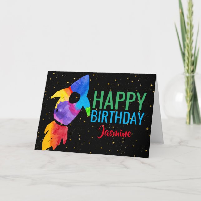 Birthday Rainbow Watercolor Rocket Outer Space Card (Front)