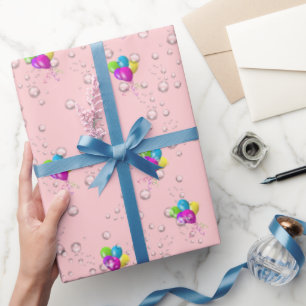 Birthday Raindrops and Balloons on Pink Wrapping Paper