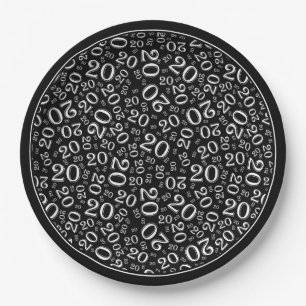 Birthday Random Number Pattern Black/White 20 Paper Plate