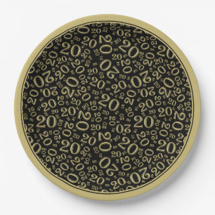 Birthday Random Number Pattern Gold/Black 20 Paper Plate