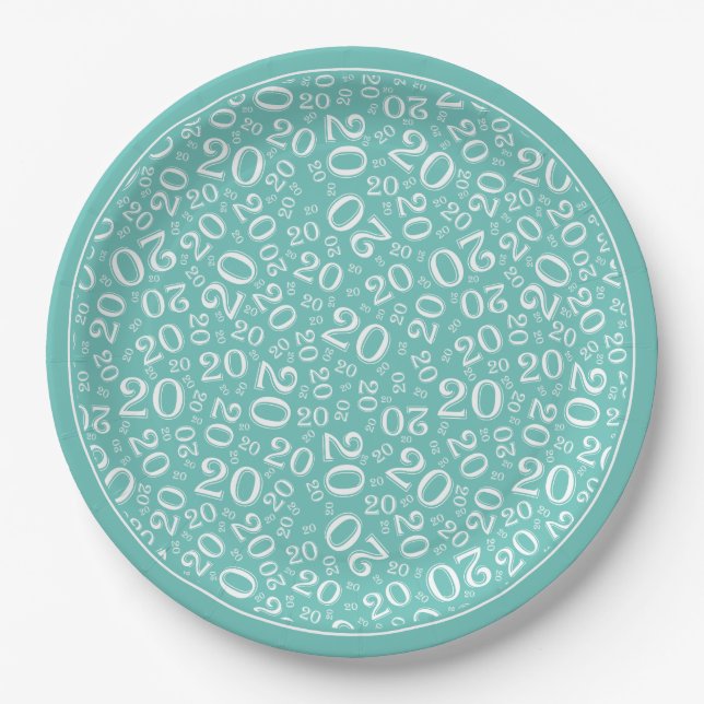 Birthday Random Number Pattern Teal/White 20 Paper Plate (Front)