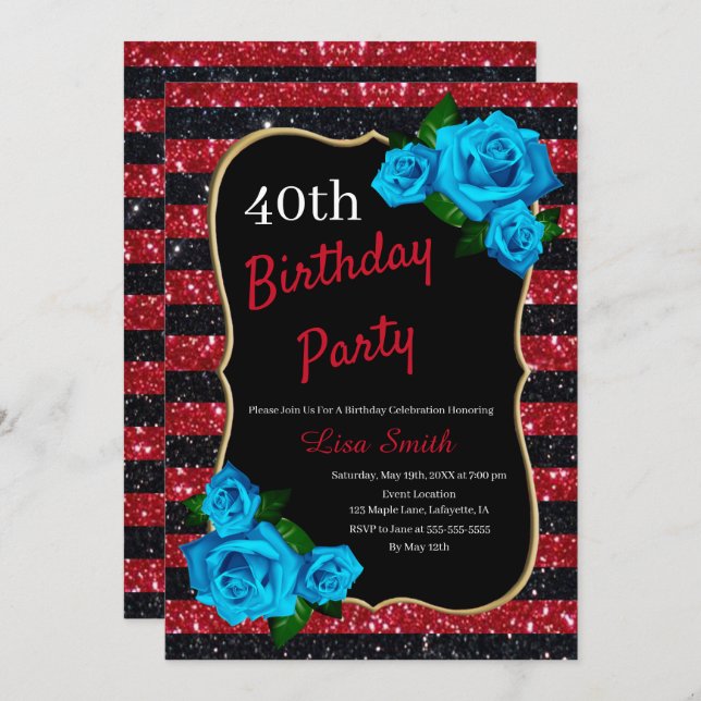 Birthday Red Black Stripes Glitter Blue Roses Invitation (Front/Back)