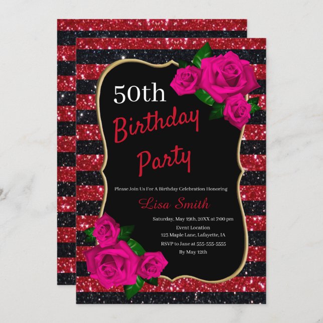 Birthday Red Black Stripes Glitter Pink Roses Invitation (Front/Back)