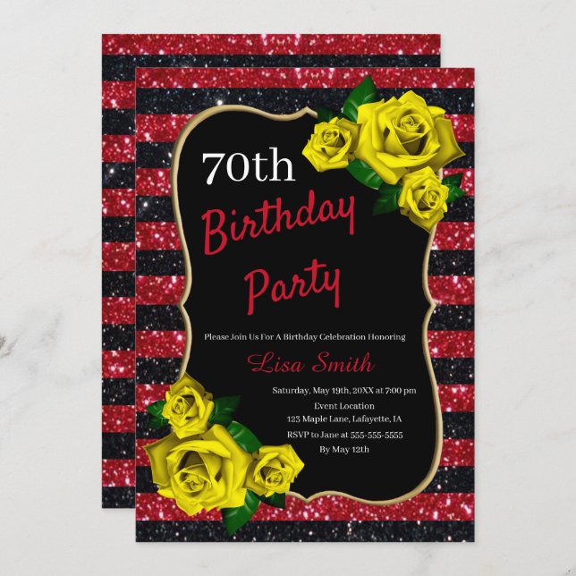 Birthday Red Black Stripes Glitter Yellow Roses Invitation (Front/Back)