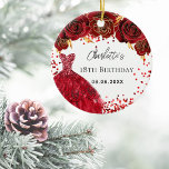 Birthday red dress flowers white ceramic tree decoration<br><div class="desc">For a 18th (or any age) birthday party.  A white background with red confetti,  a dress and red roses,  florals.  The name is written with a modern hand lettered style script.  Personalise and add your name and a date.</div>