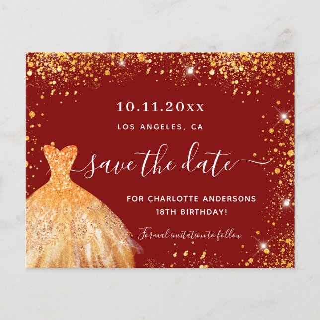 Birthday red gold dress save the date card (Front)