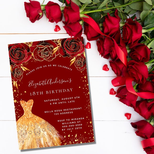 Birthday red gold glitter dress luxury invitation (Creator Uploaded)