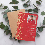 Birthday red gold photo invitation<br><div class="desc">A modern,  elegant and invitation.  A red background decorated with faux gold confetti.  Personalise and add photo,  a name and party details. White text.</div>