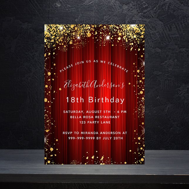 Birthday red gold sparkles movie theatre glamourou invitation postcard (Creator Uploaded)