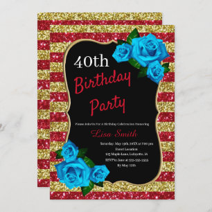 Birthday Red Gold Stripes Glitter Blue Roses Invitation