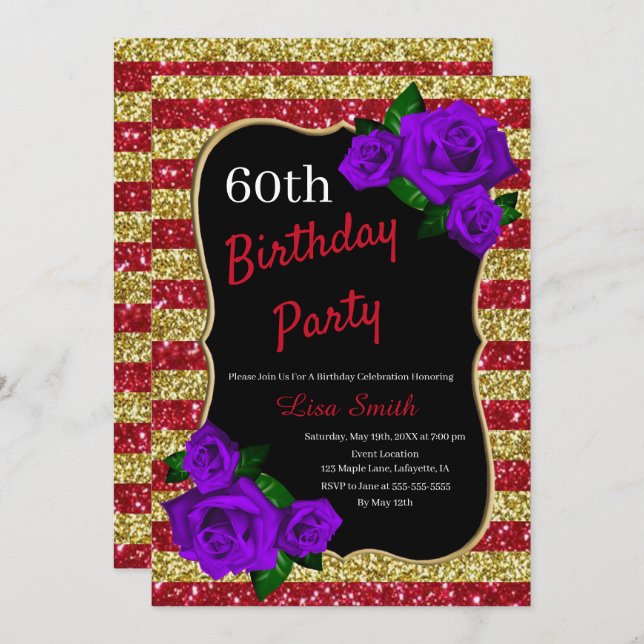 Birthday Red Gold Stripes Glitter Purple Roses Invitation (Front/Back)