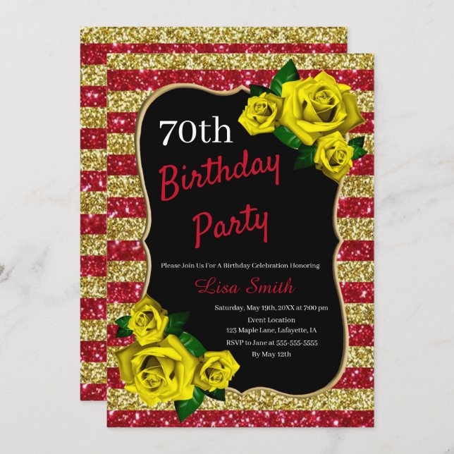 Birthday Red Gold Stripes Glitter Yellow Roses Invitation (Front/Back)