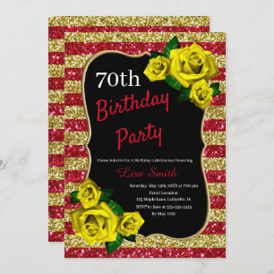Birthday Red Gold Stripes Glitter Yellow Roses Invitation