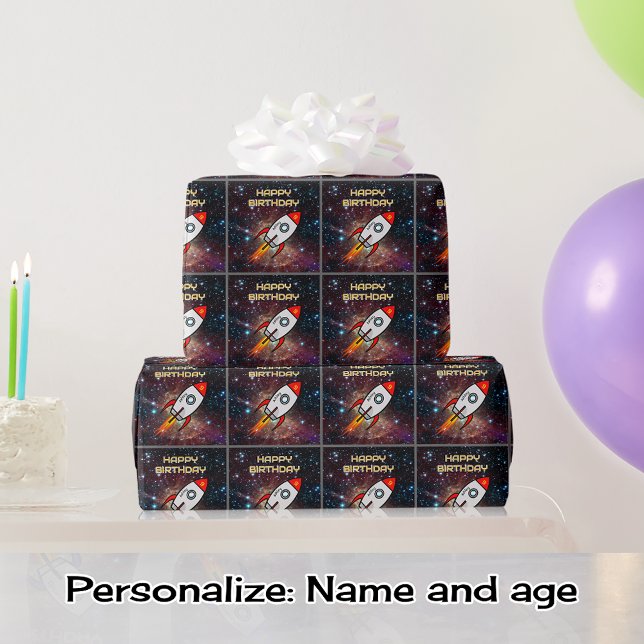 Birthday red rocket custom name and age wrapping paper (Creator Uploaded)