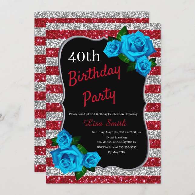 Birthday Red Silver Stripes Glitter Blue Roses Invitation (Front/Back)
