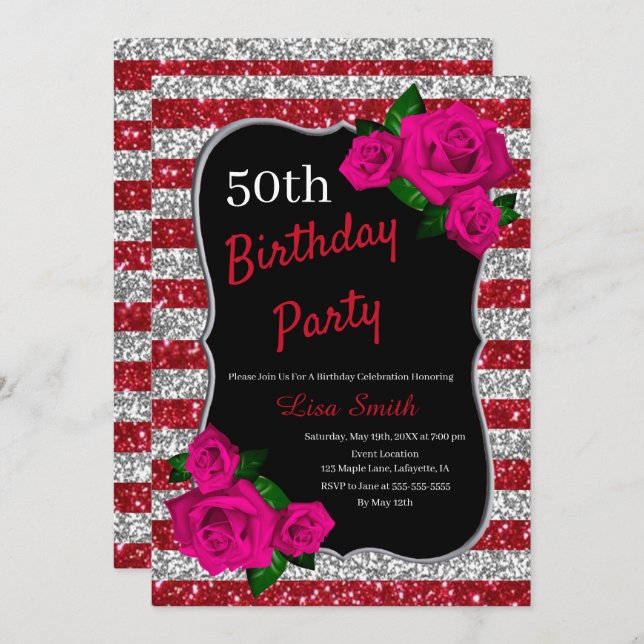 Birthday Red Silver Stripes Glitter Pink Roses Invitation (Front/Back)