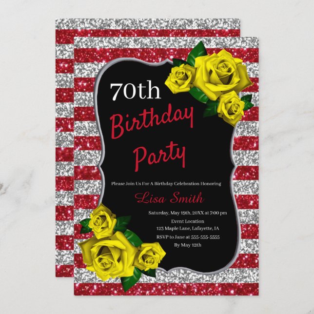 Birthday Red Silver Stripes Glitter Yellow Roses Invitation (Front/Back)
