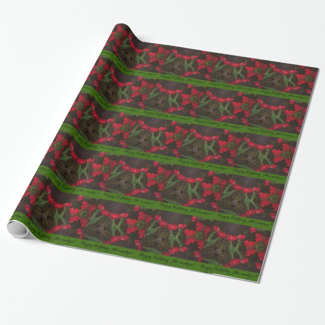 Birthday Red Tulips on Green Velvet Wrapping Paper (Unrolled)