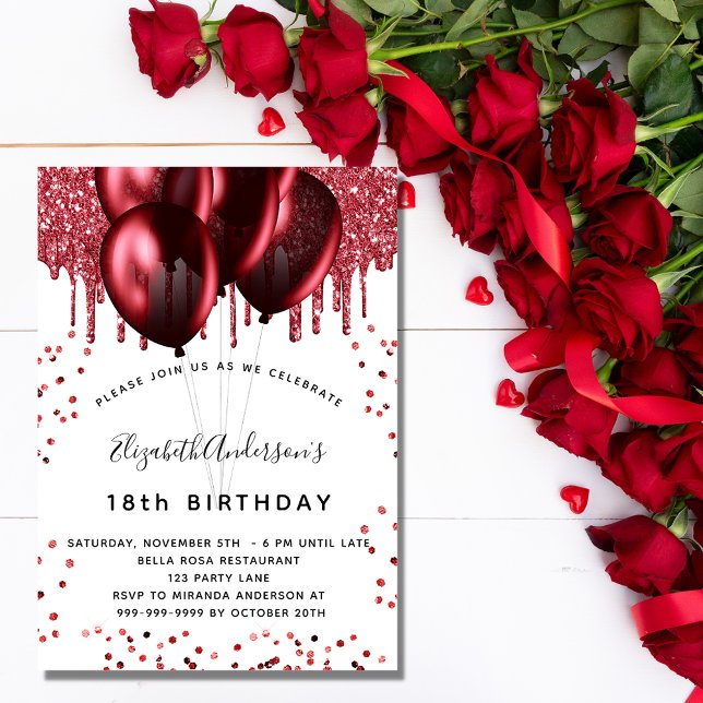 Birthday red white glitter balloons invitation (Creator Uploaded)