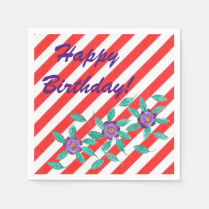 Birthday Red White Stripes Purple Flowers Napkins