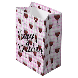 Birthday Red Wine On Pink Gingham Medium Gift Bag