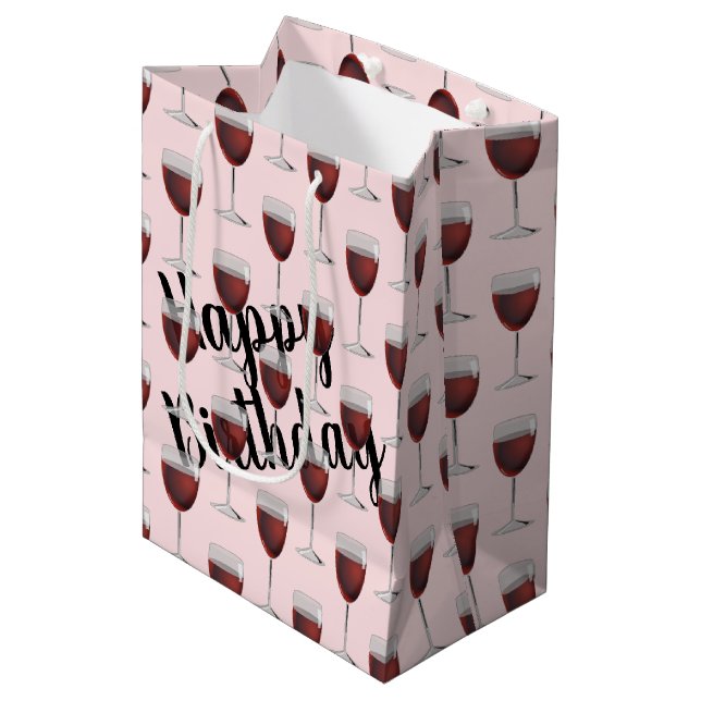 Birthday Red Wine On Pink Medium Gift Bag (Front Angled)