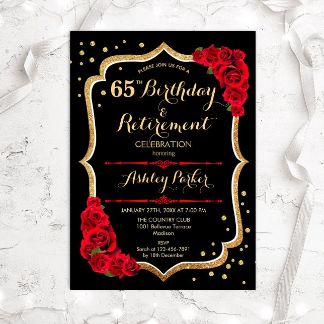 Birthday & Retirement Party - Black Gold Red Invitation (Creator Uploaded)