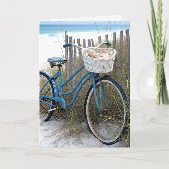 Birthday Retro Blue Bicycle with Seashells Card (Front)
