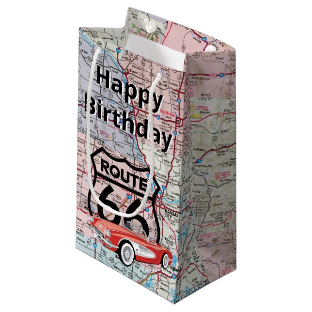Birthday Retro Corvettere and Route 66 Sign Small Gift Bag (Front Angled)
