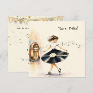 Birthday Retro Teen Girl Dancing to the Jukebox Invitation