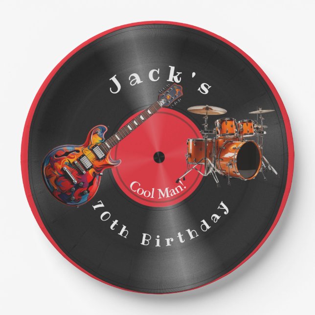 Birthday Retro Vinyl Record Rock Music Guitar Paper Plate (Front)