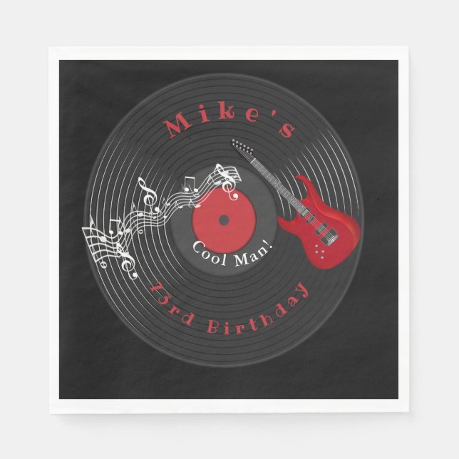 Birthday Retro Vinyl Record Rock Music Red Guitar Napkin (Front)