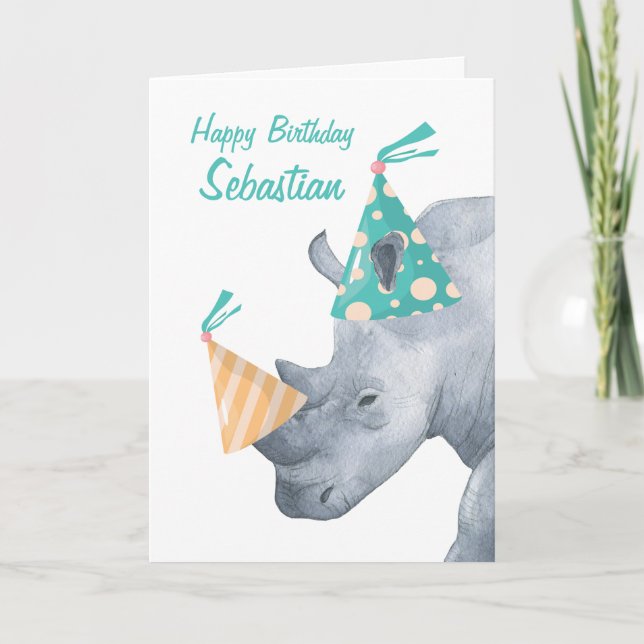 Birthday Rhino With Party Hat on Horn Personalised Card (Front)