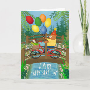 Birthday Riding Bike in Park with Balloons Card