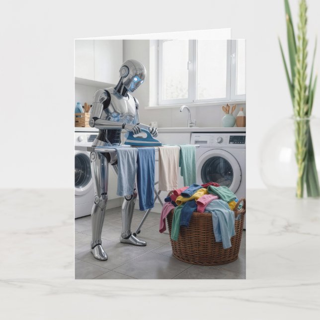 Birthday Robot Ironing Clothes Card (Front)