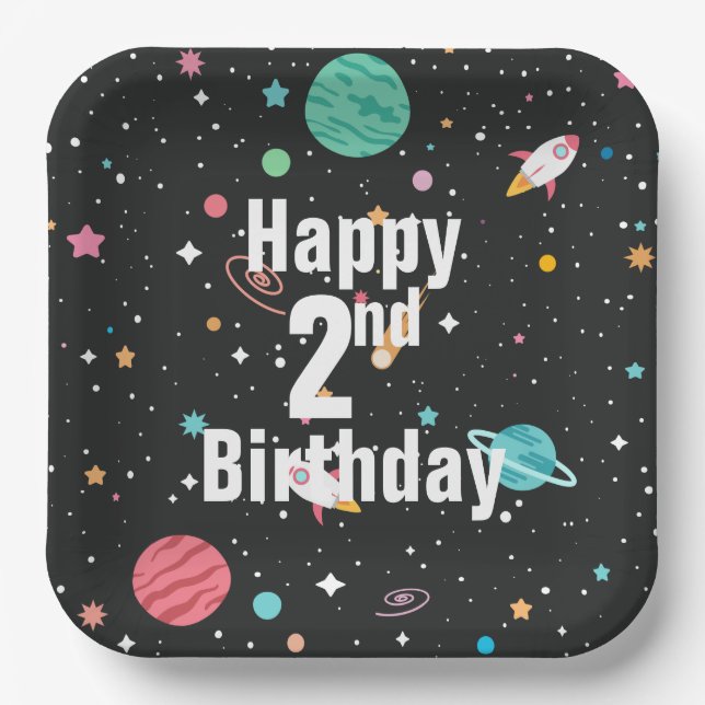 Birthday Rocket Ships and Planets  Paper Plate (Front)