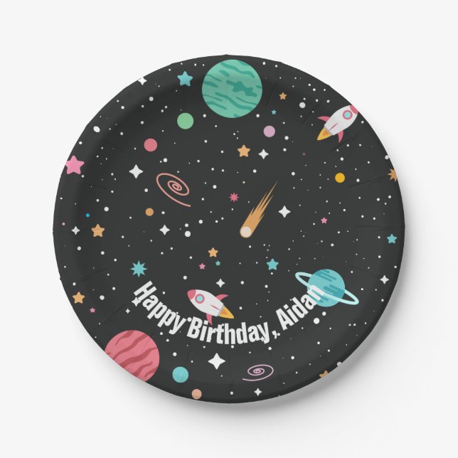 Birthday Rocket Ships and Planets Paper Plate (Front)