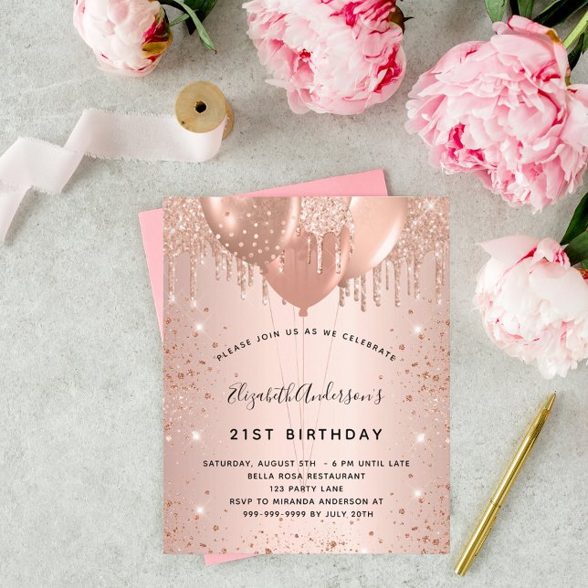 Birthday rose gold balloons invitation (Creator Uploaded)