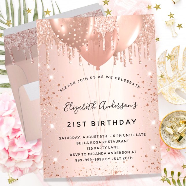 Birthday rose gold balloons  invitation postcard (Creator Uploaded)