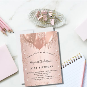 Birthday rose gold blush balloons invitation