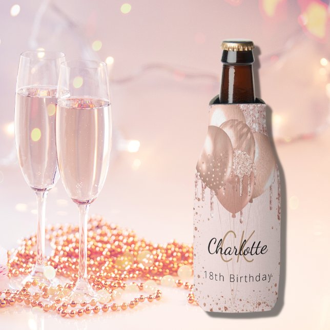 Birthday rose gold blush balloons monogram name bottle cooler (Creator Uploaded)