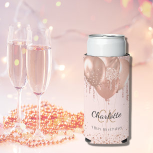 Birthday rose gold blush balloons monogram name seltzer can cooler