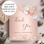 Birthday rose gold blush floral thank you card<br><div class="desc">A thank you card for a 50th (or any age) birthday. A rose gold, blush gradient background. Decorated with rose gold and white florals and faux glitter. On front, a large hand lettered script and the text: Thank You, your text, title and a date. Back: personalise and add Your thank...</div>