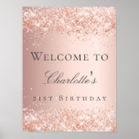 Birthday rose gold blush glitter dust welcome poster<br><div class="desc">A welcome poster for a girly and glamourous 21st (or any age) birthday party.  A rose gold graduebt background decorated with faux glitter dust.   Personalise and add a name and age 21.  Grey letters. 
Back: no design</div>