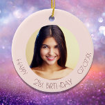 Birthday rose gold blush photo ceramic tree decoration<br><div class="desc">An ornament for a girly and glamorous 21st (or any age) birthday.  A rose gold,  pink background . Personalize and add a photo,  age and a date.  Dark rose gold colored text. Perfect as party decoration,  favor,  keepsake or as a gift.</div>