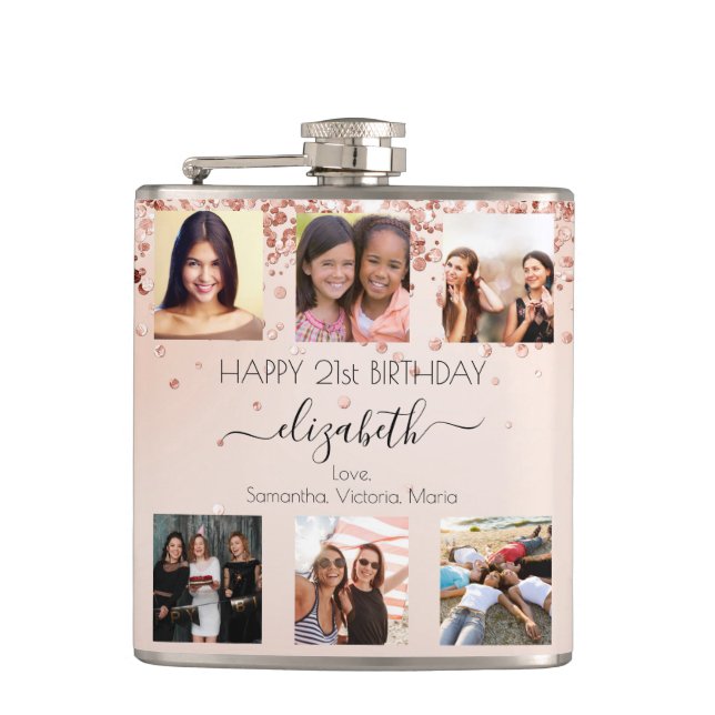 Birthday rose gold blush photo collage friends hip flask (Front)