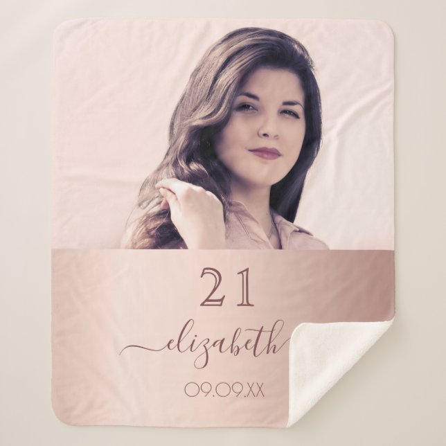 Birthday rose gold blush photo name sherpa blanket (Front)
