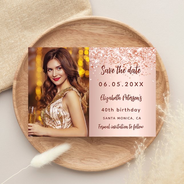 Birthday rose gold blush photo save the date announcement postcard (Creator Uploaded)