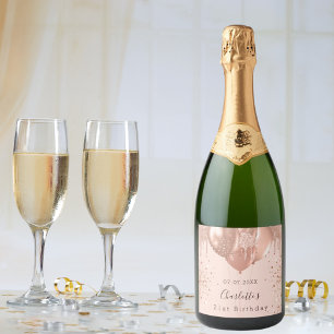 Birthday rose gold blush pink balloons fun sparkling wine label