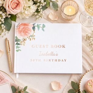 Birthday rose gold blush pink eucalyptus name guest book